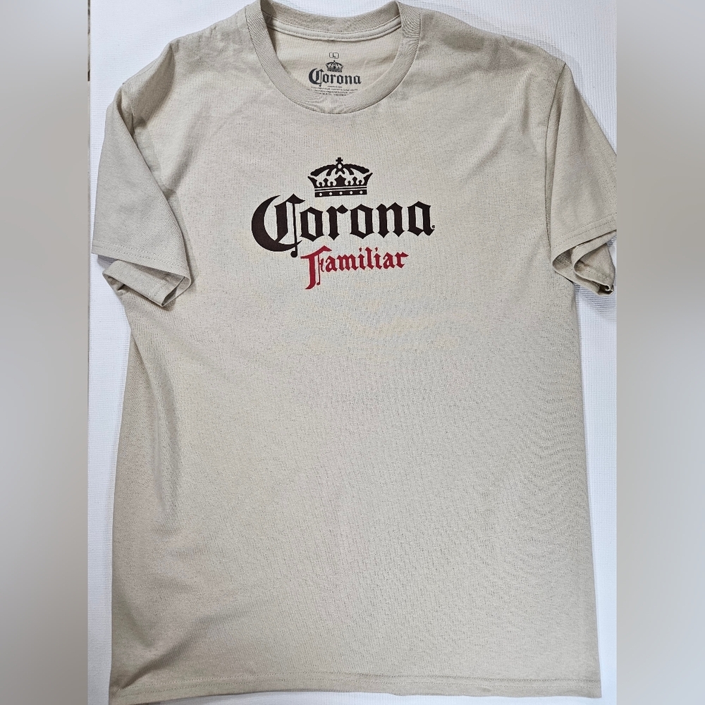 Corona Mens T-shirt Large Beige Familiar Casual Beer Beach Party‎ Summer Graphic